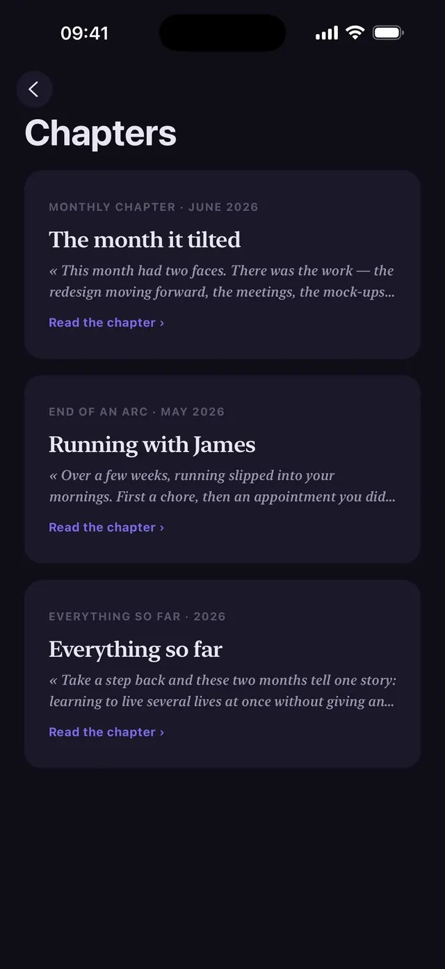 The Chapters screen in Nacre, with a monthly chapter and the end of an arc.