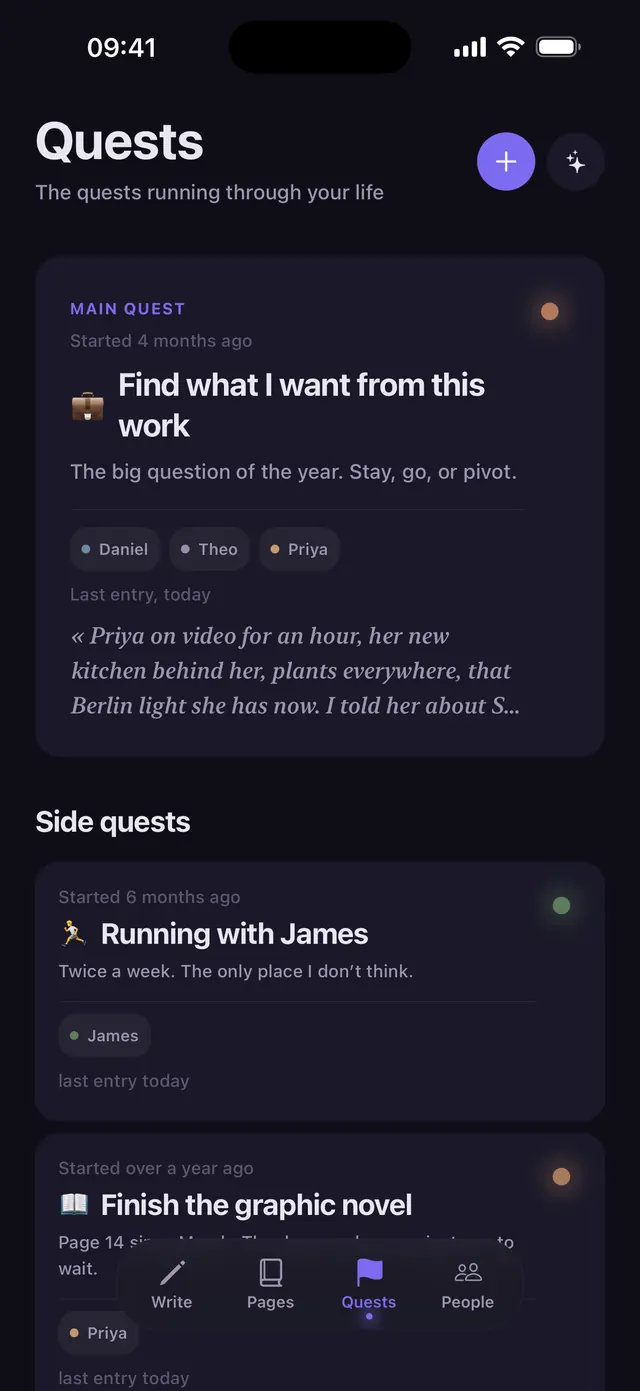 The Quests screen in Nacre, with a main quest and two side quests.