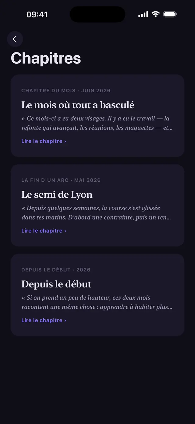L’écran Chapitres de Nacre, avec un chapitre mensuel et une fin d’arc.