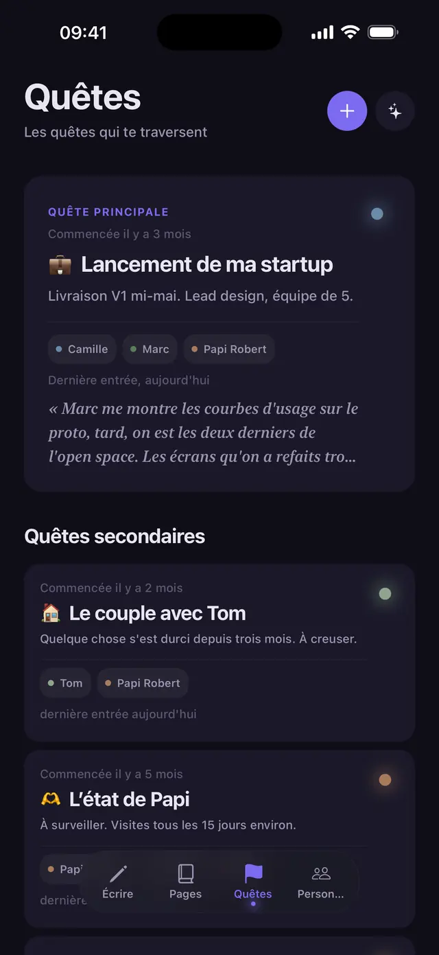 L’écran Quêtes de Nacre, avec une quête principale et deux quêtes secondaires.
